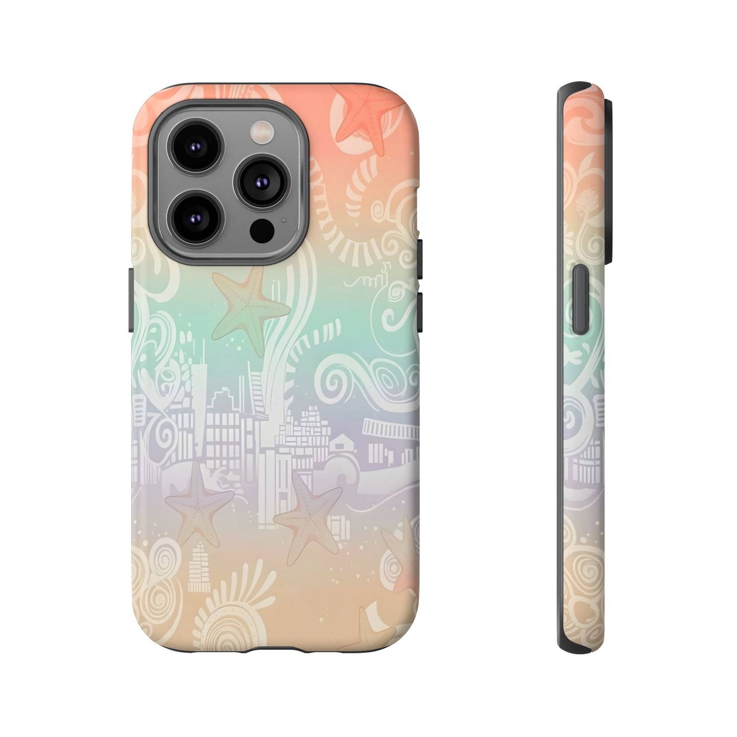 Tough Cases: Pastel Beach Pattern Phone Case — Starfish & Coastal Cityscape Protective Cover