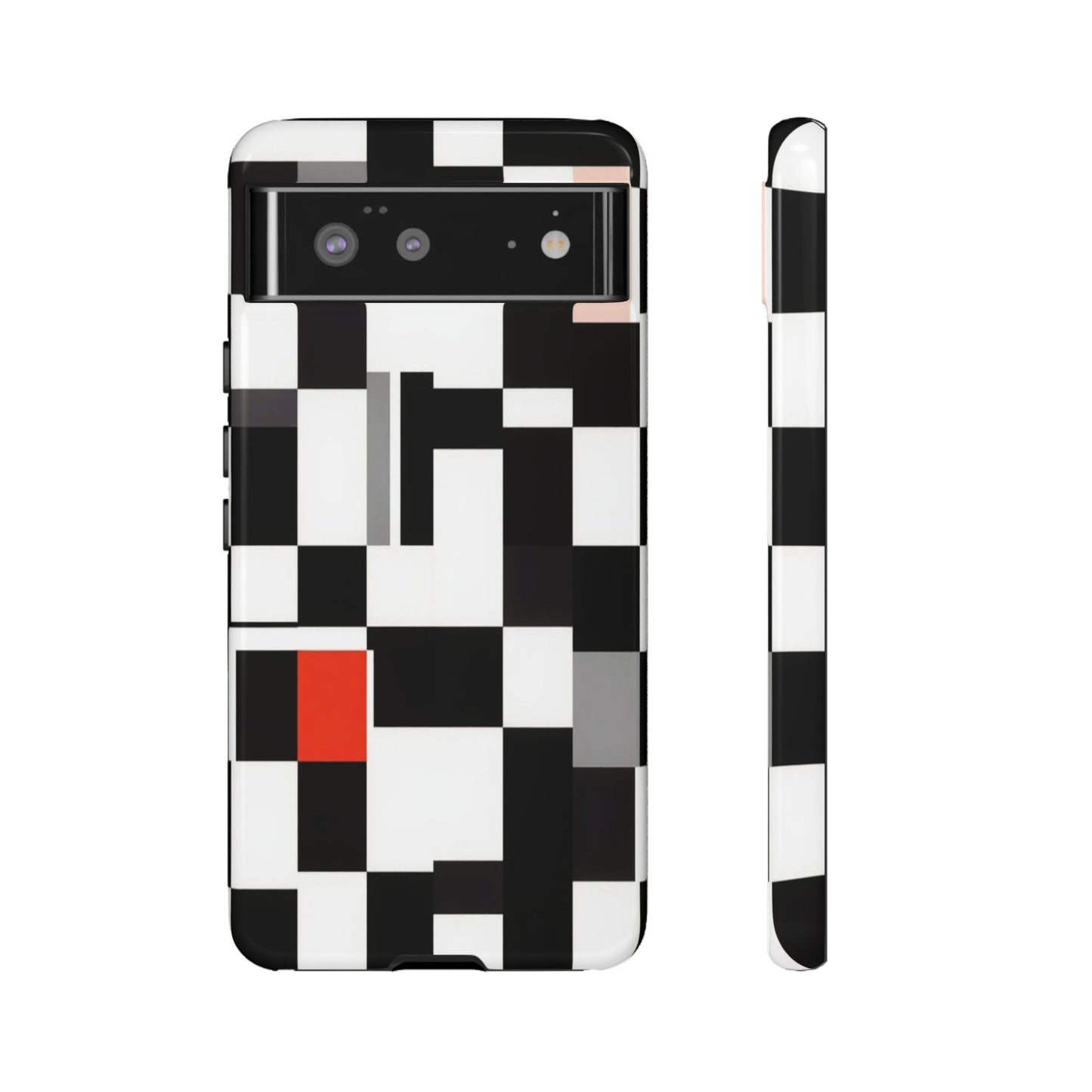Abstract Geometric Phone Case – Black & White Checker Grid with Red Accent