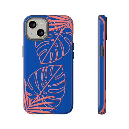 Tropical Monstera Phone Case — Blue & Coral Leaf Protective Cover