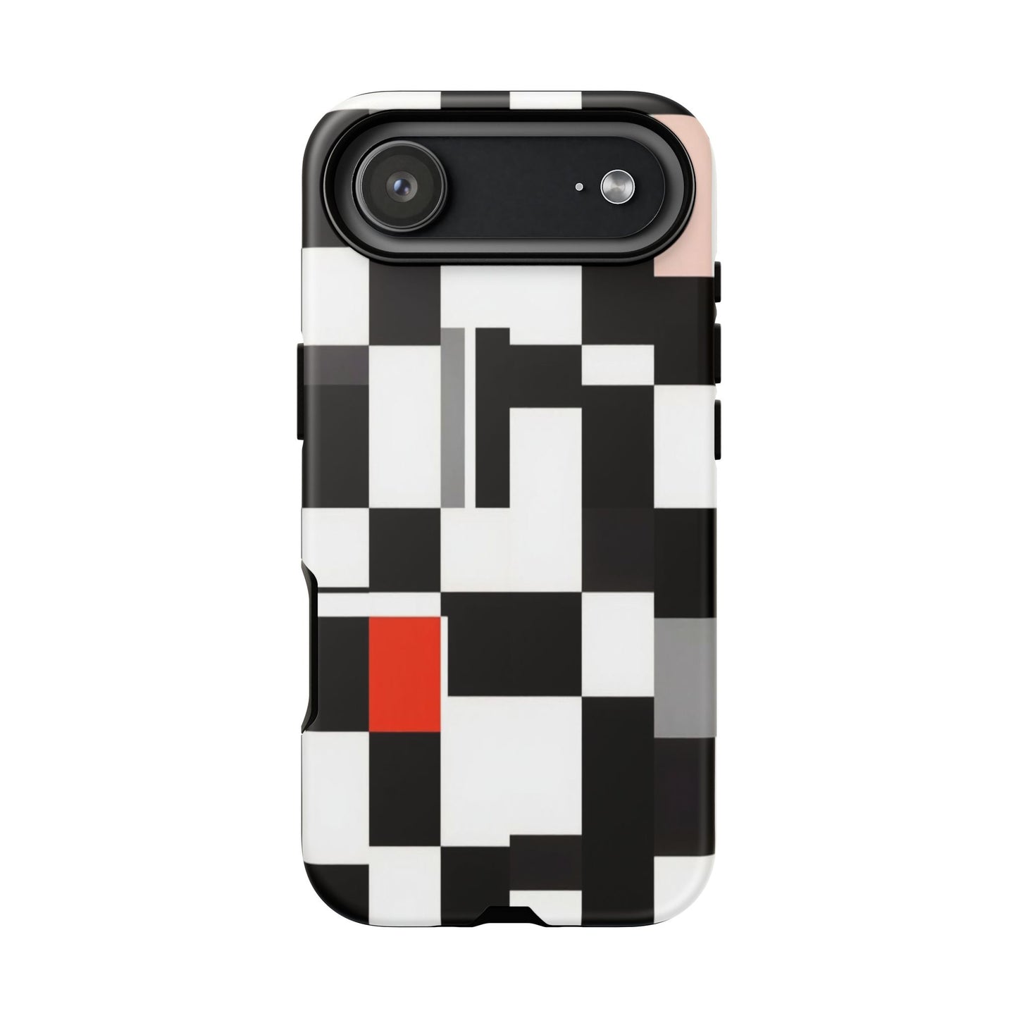 Abstract Geometric Phone Case – Black & White Checker Grid with Red Accent