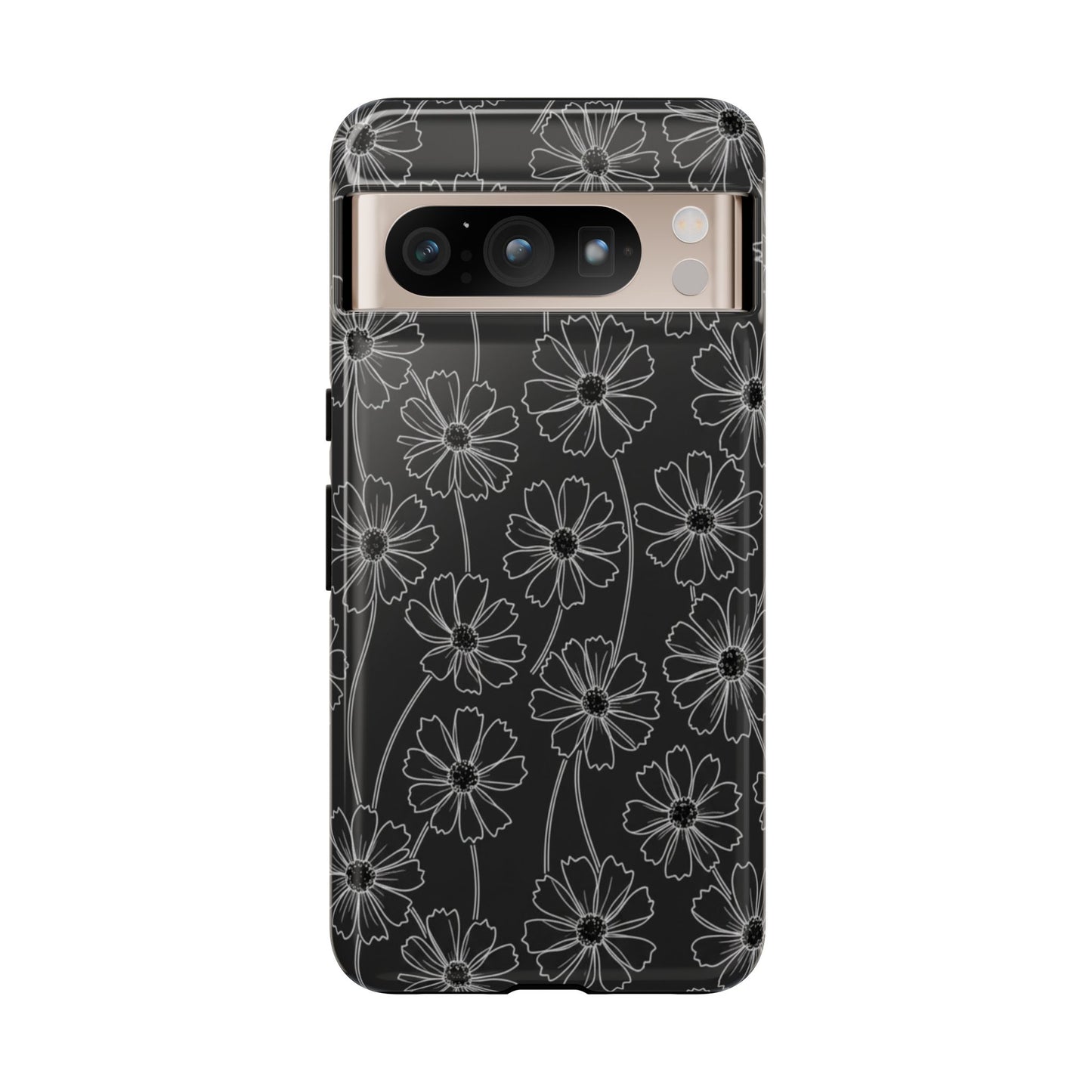 Floral Doodle Tough Phone Case — Black & Gray Daisy Pattern