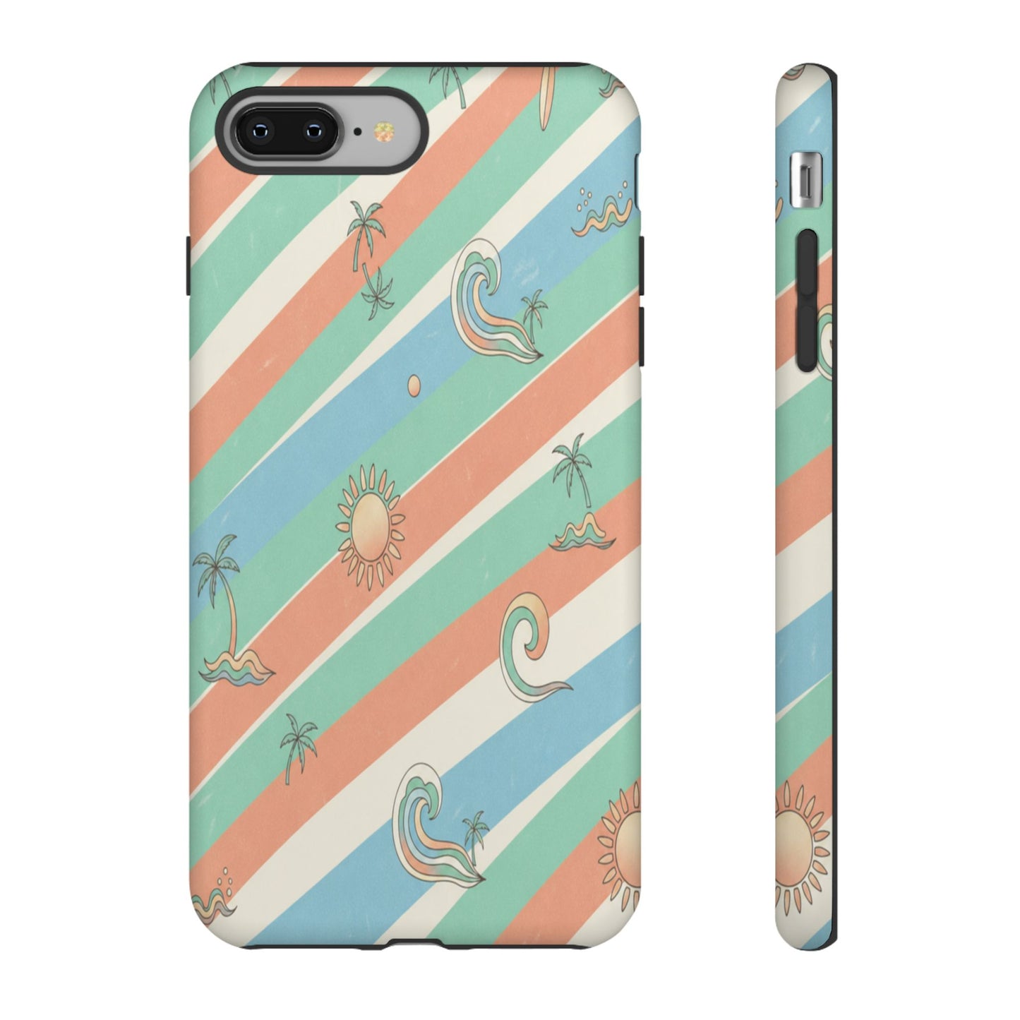 Retro Beach Stripes Phone Case — Sun, Waves & Palm Pattern Tough Case