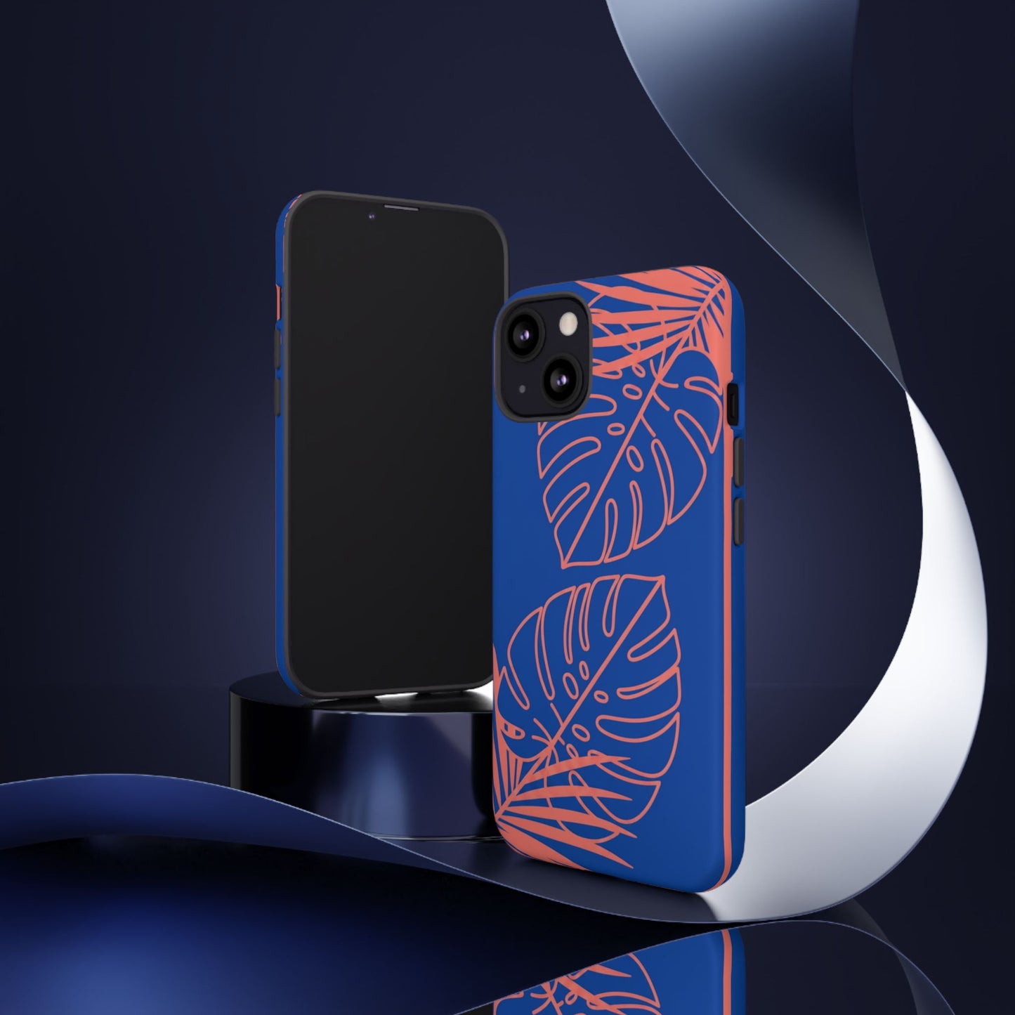 Tropical Monstera Phone Case — Blue & Coral Leaf Protective Cover