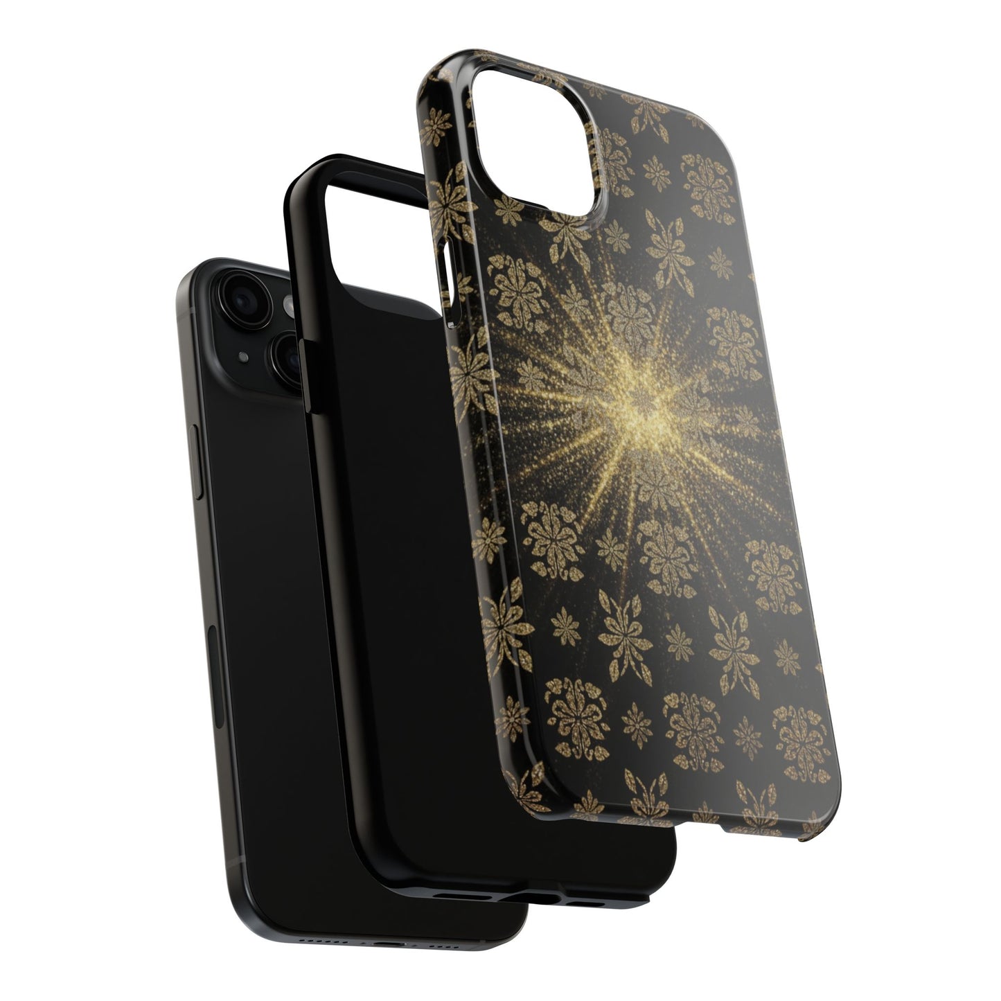 Glitter Burst Tough Phone Case — Black & Gold Floral Protective Cover