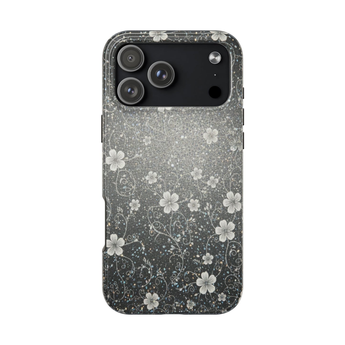Floral Sparkle Tough Phone Case — Black & Silver Vintage Blossom