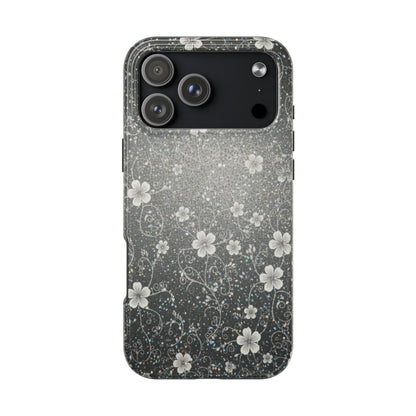 Floral Sparkle Tough Phone Case — Black & Silver Vintage Blossom