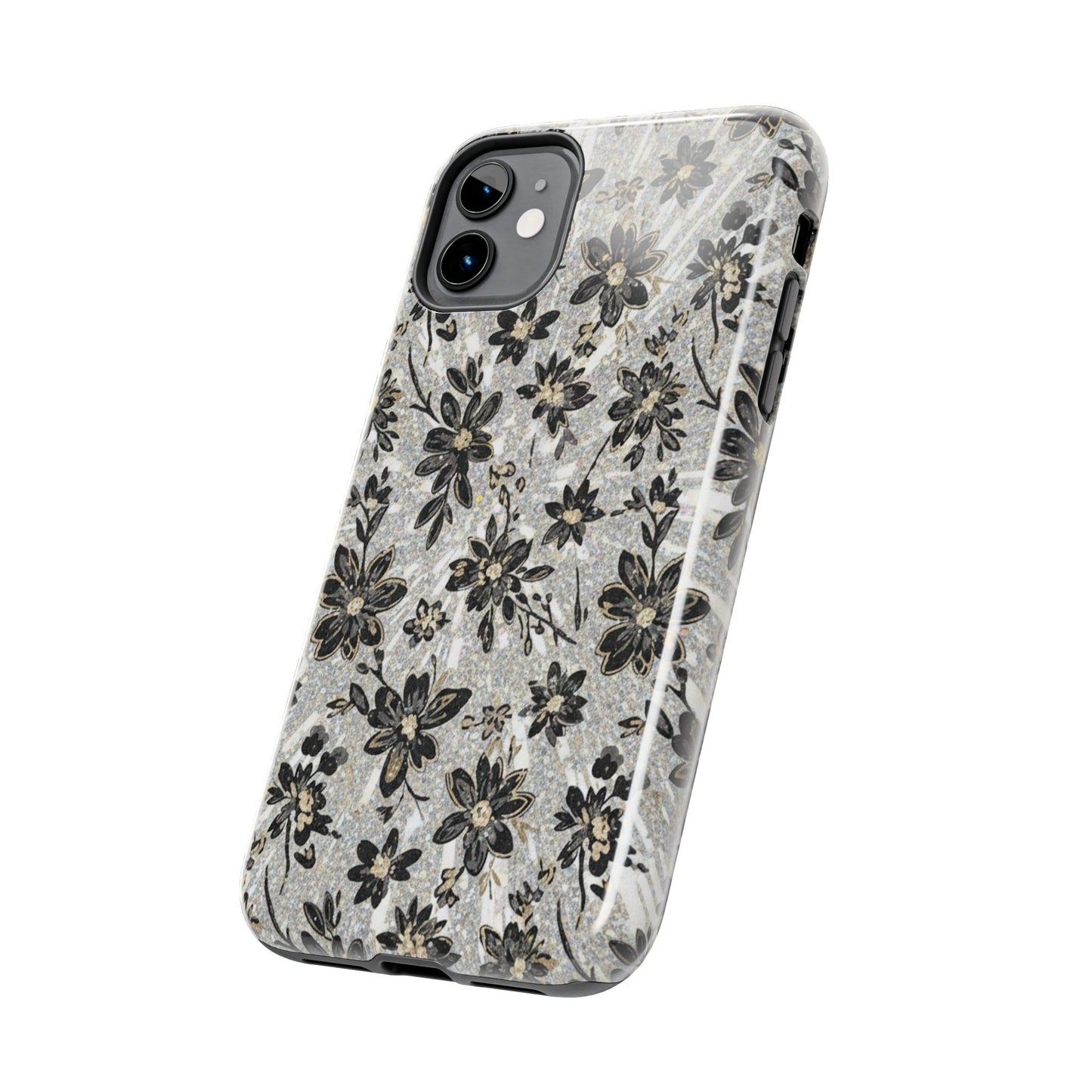 Floral Vintage Tough Phone Case — Black & Gray Rustic Flower Protective Case