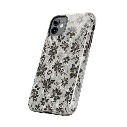 Floral Vintage Tough Phone Case — Black & Gray Rustic Flower Protective Case