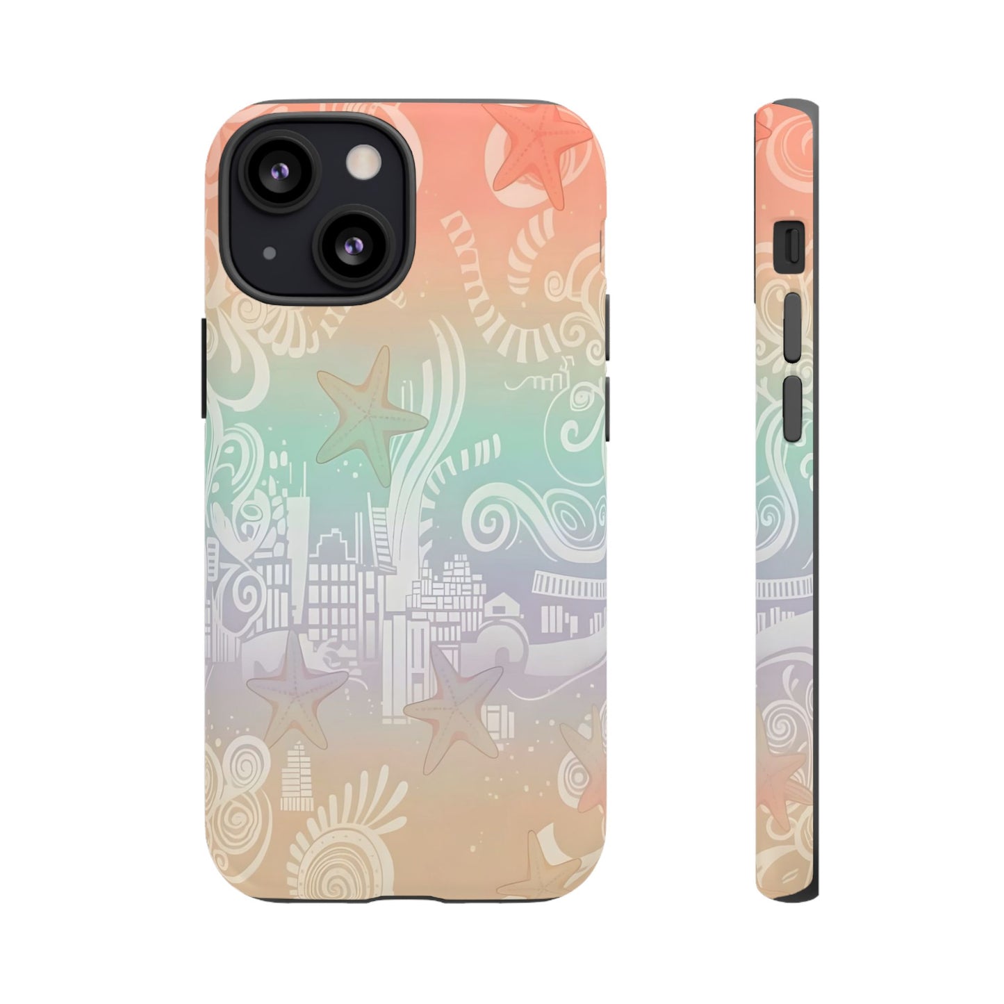 Tough Cases: Pastel Beach Pattern Phone Case — Starfish & Coastal Cityscape Protective Cover