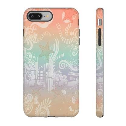Tough Cases: Pastel Beach Pattern Phone Case — Starfish & Coastal Cityscape Protective Cover