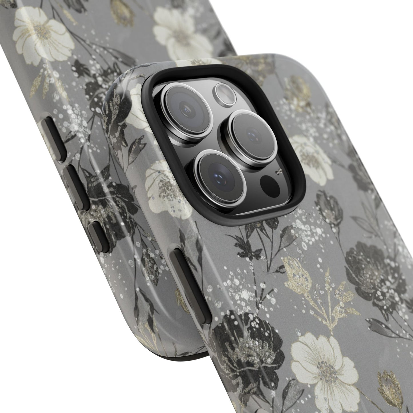 Floral Gray Tough Phone Case — Elegant Protective Phone Cover with Gold Accent
