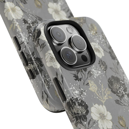 Floral Gray Tough Phone Case — Elegant Protective Phone Cover with Gold Accent