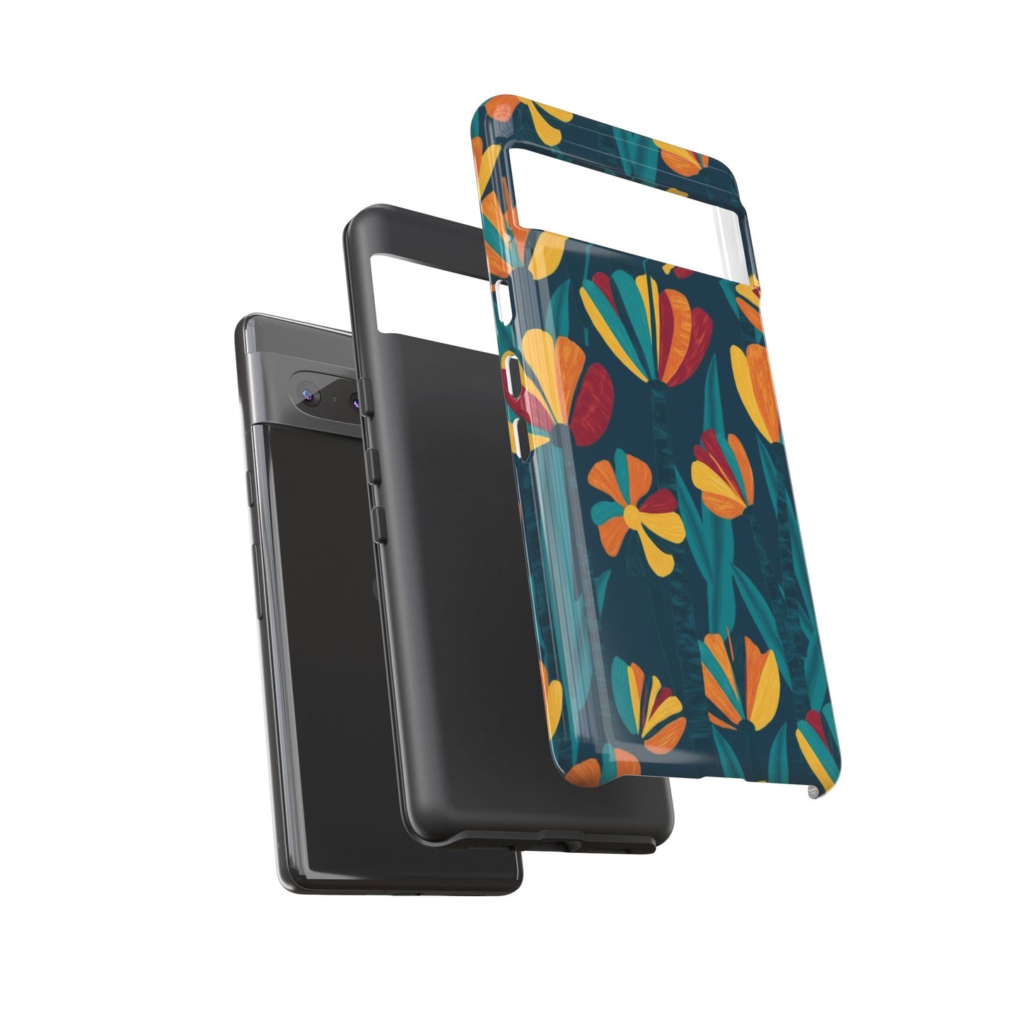 Floral Retro Teal Tough Phone Case — Vibrant Orange & Mustard Blooms