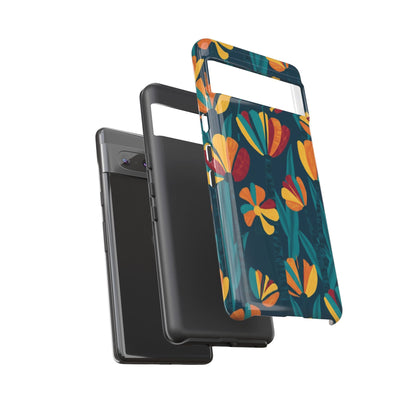 Floral Retro Teal Tough Phone Case — Vibrant Orange & Mustard Blooms