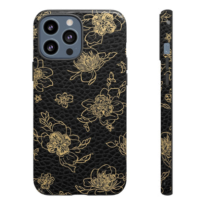 Floral Leather Phone Case — Gold Outline Flowers on Black Tough Case