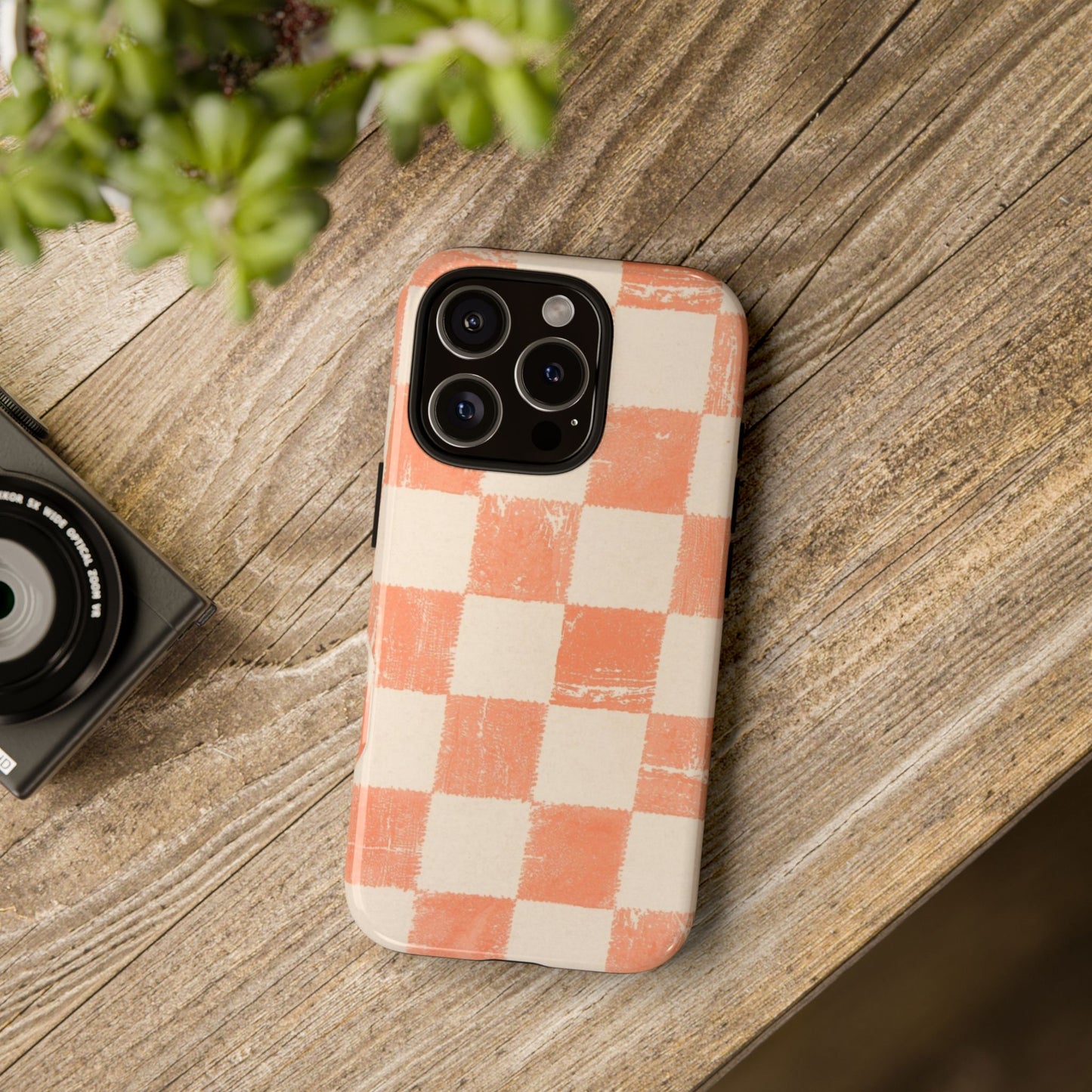Peach Checkerboard Tough Phone Case — Retro Distressed Grid Design
