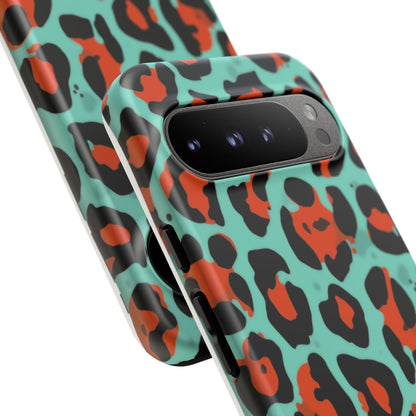 Leopard Print Tough Phone Case — Teal & Rust Protective iPhone Cover