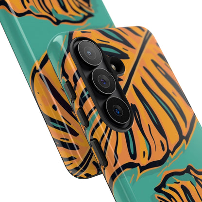 Tropical Leaf Tough Phone Case — Orange Monstera Design on Teal