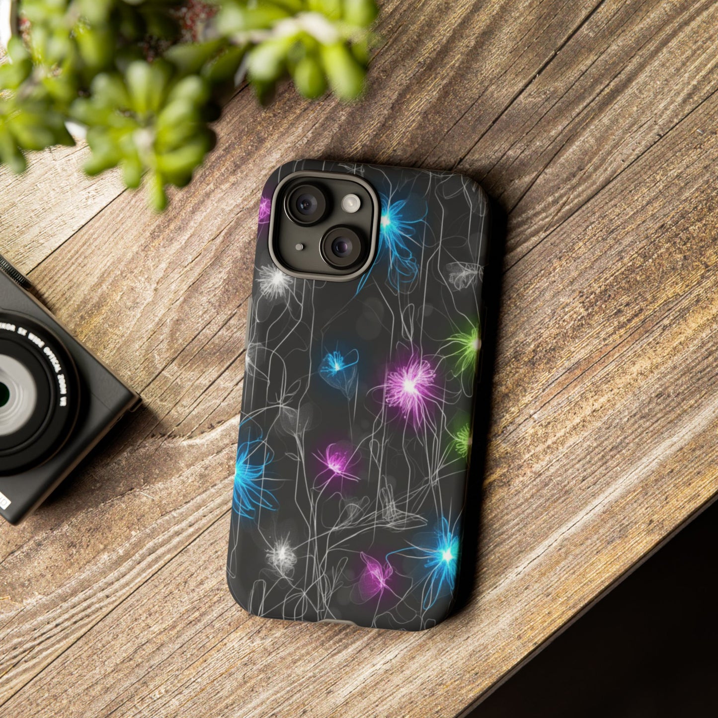 Neon Floral Tough Phone Case — Glow Flower Protective iPhone Cover