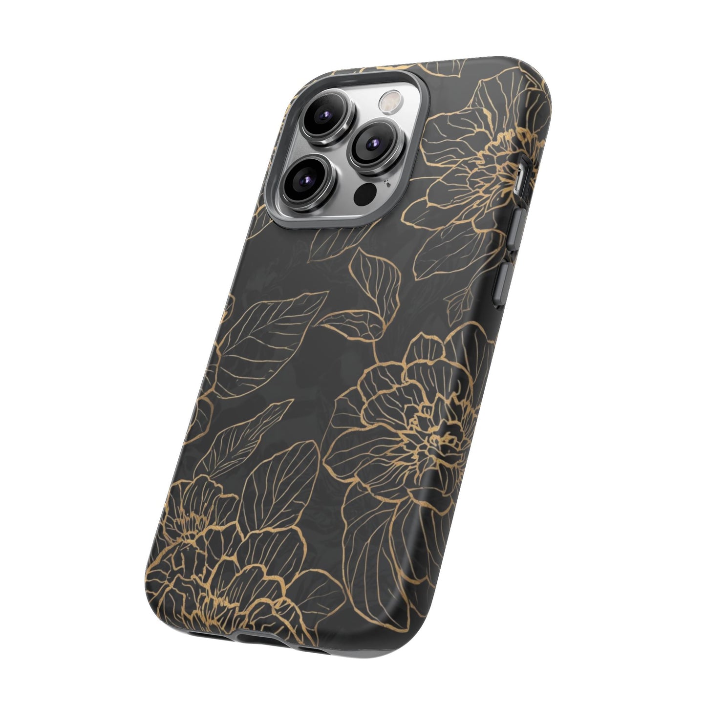 Floral Gold Outline Tough Phone Case – Black Botanical Protective Cover
