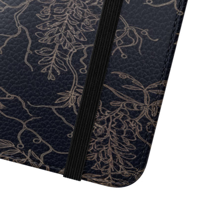 Botanical Noir Flip Phone Case — Dark Floral Wallet Cover with Card Slots