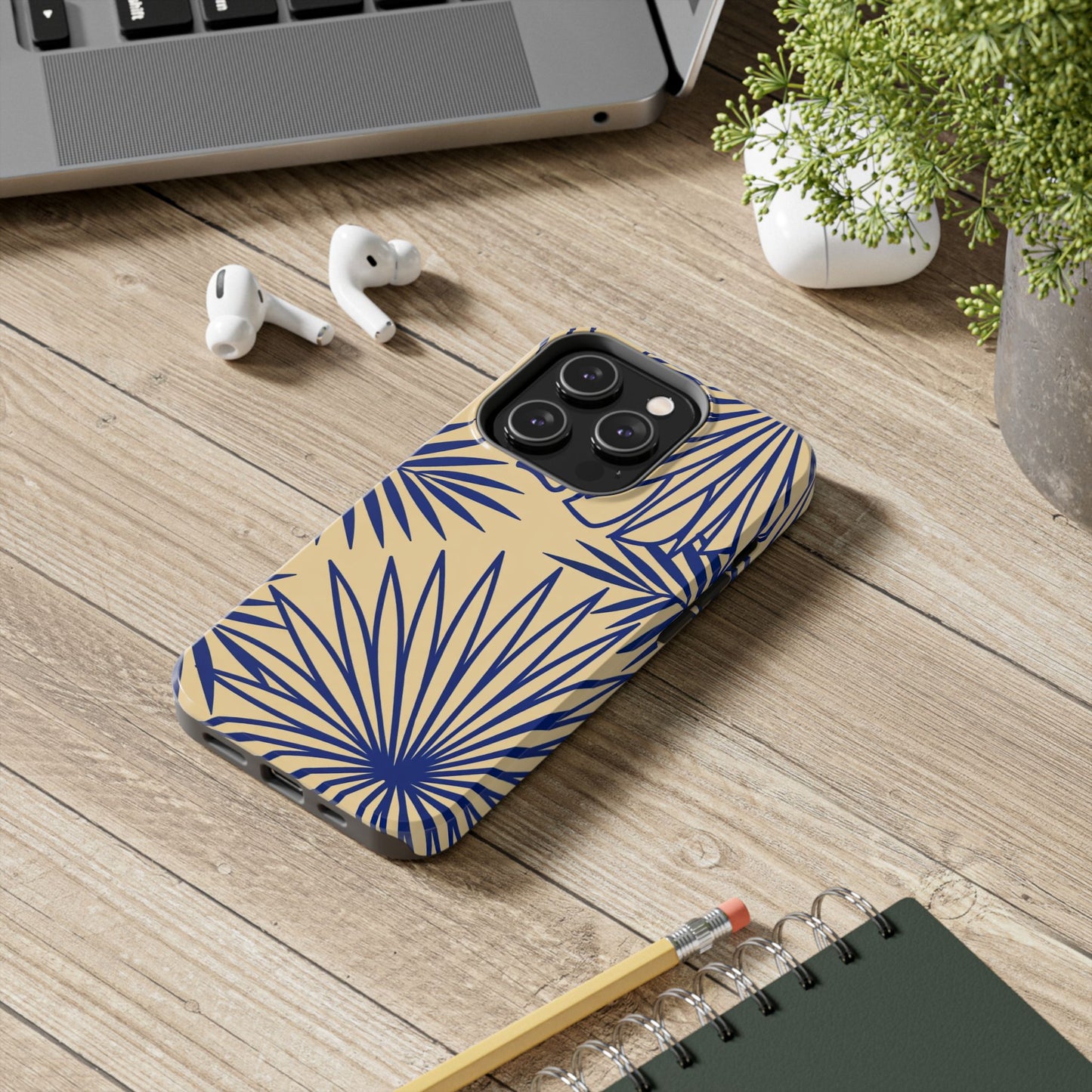 Tropical Palm Pattern Tough Phone Case — Navy Blue Fan Leaves on Sand