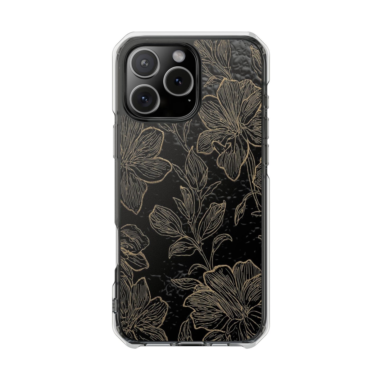 Floral Sketch Magnetic Clear Phone Case — Black & Gold Botanical Impact Case