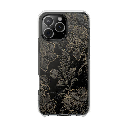 Floral Sketch Magnetic Clear Phone Case — Black & Gold Botanical Impact Case