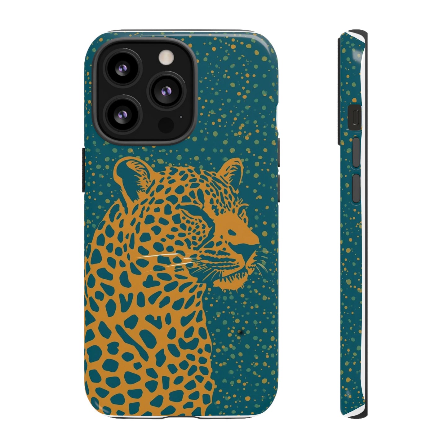 Leopard Spotlight Phone Case — Teal Gold Animal Print Protective Cover