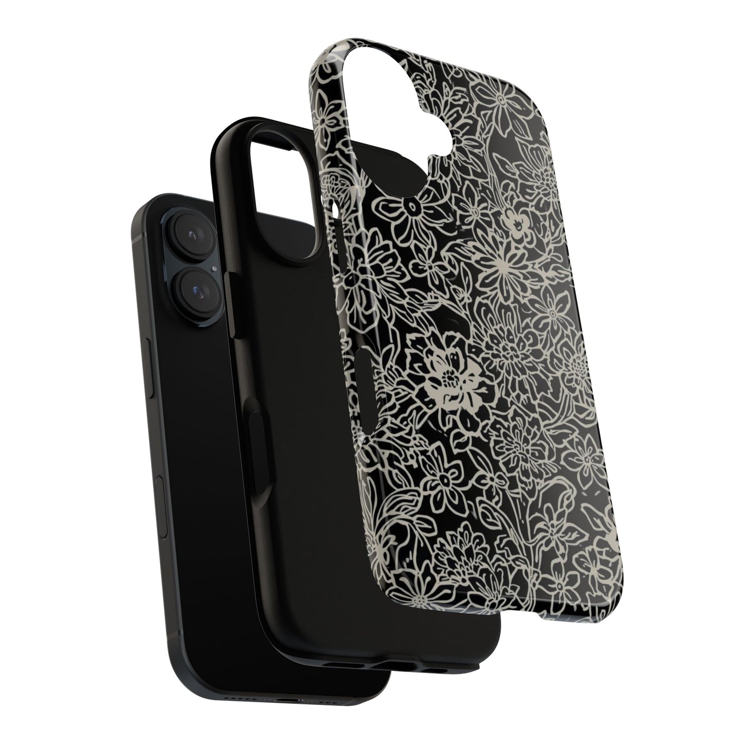 Floral Doodle Tough Phone Case — Black & White Sketch Flower Protective Cover