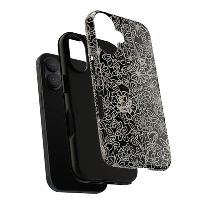 Floral Doodle Tough Phone Case — Black & White Sketch Flower Protective Cover