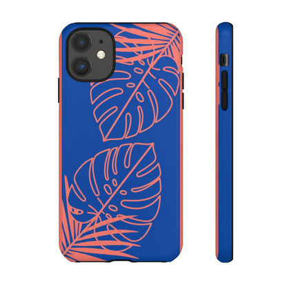 Tropical Monstera Phone Case — Blue & Coral Leaf Protective Cover