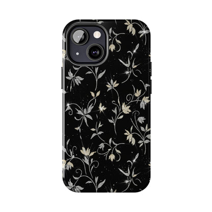 Floral Noir Tough Phone Case — Vintage Black Botanical Protective Cover