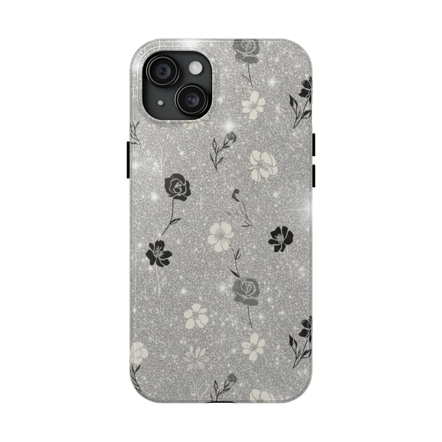 Floral Glitter Tough Phone Case — Black & Silver Vintage Flower Protective Cover
