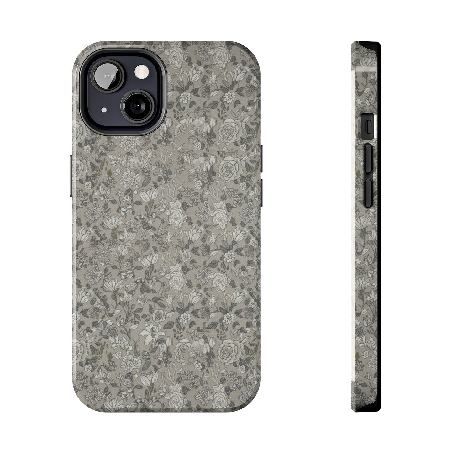 Gray Floral Tough Phone Case — Durable Protective Phone Cover with Vintage Botanical Pattern