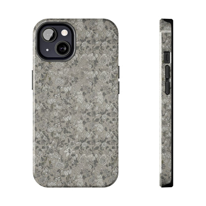 Gray Floral Tough Phone Case — Durable Protective Phone Cover with Vintage Botanical Pattern