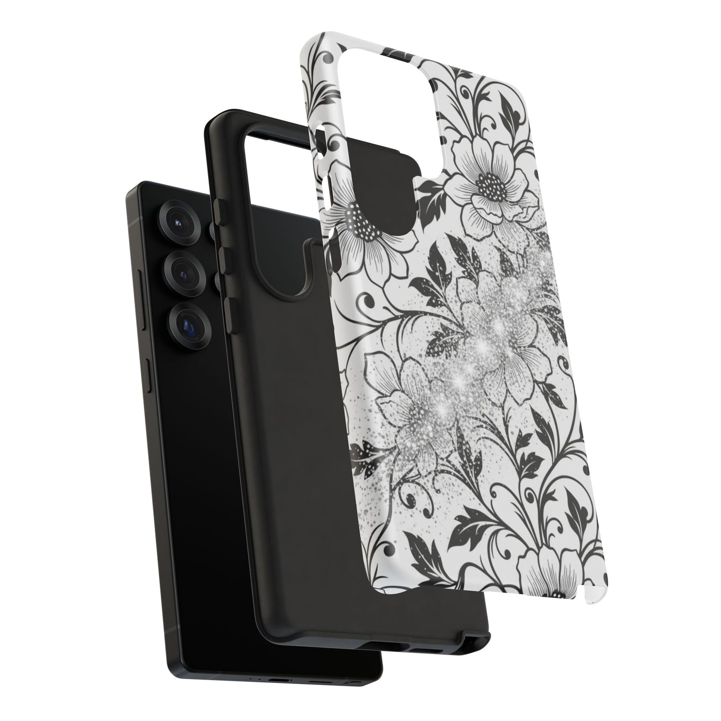 Floral Lace Phone Case — Black & White Vintage Flower Protective Case