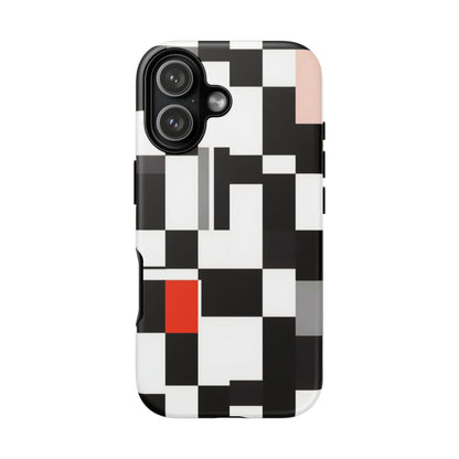 Abstract Geometric Phone Case – Black & White Checker Grid with Red Accent