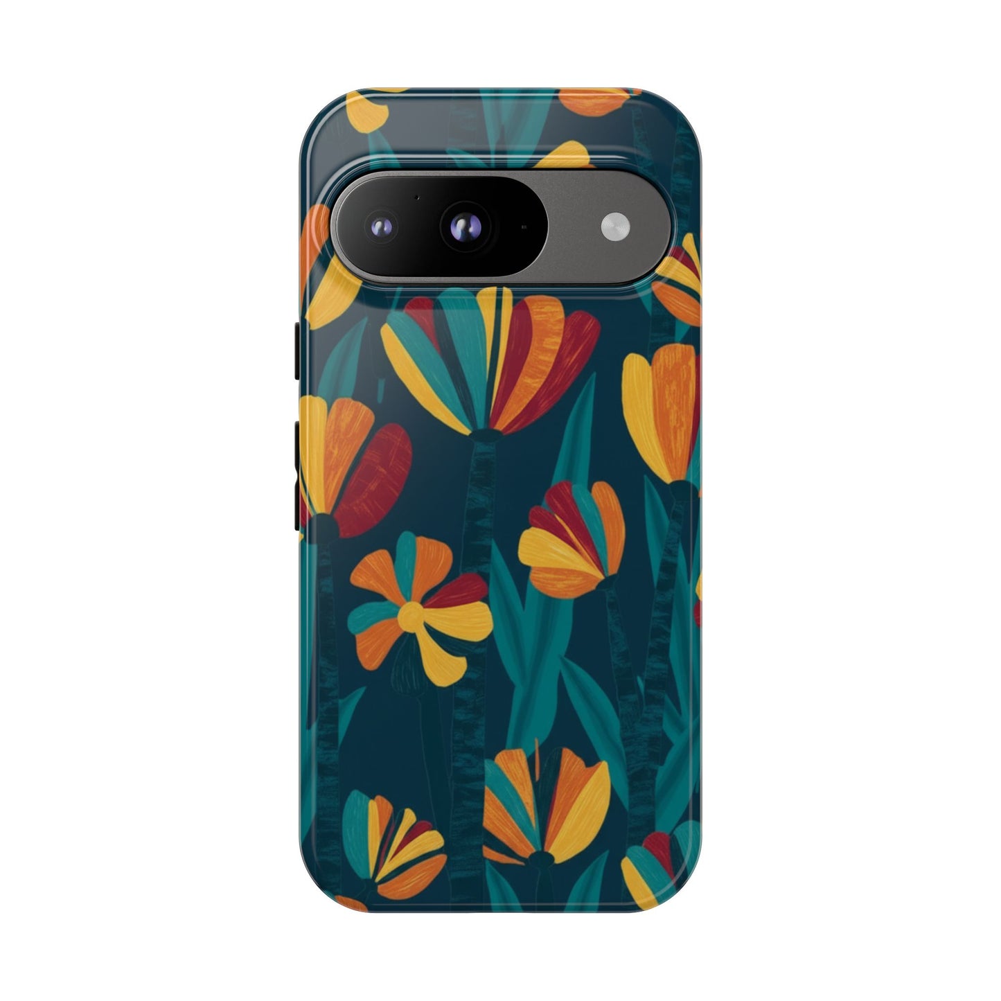 Floral Retro Teal Tough Phone Case — Vibrant Orange & Mustard Blooms