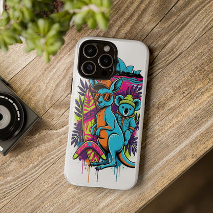 Kangaroo & Koala Surf Phone Case — Retro Neon Beach Art Tough Case