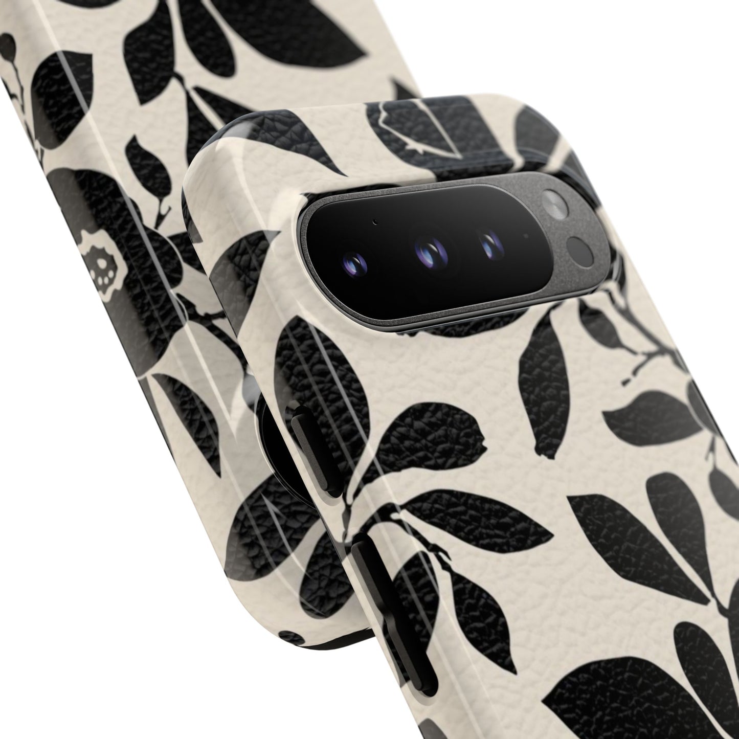 Black Floral Pattern Phone Case — Monochrome Botanical Tough Case