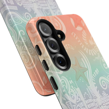 Tough Cases: Pastel Beach Pattern Phone Case — Starfish & Coastal Cityscape Protective Cover