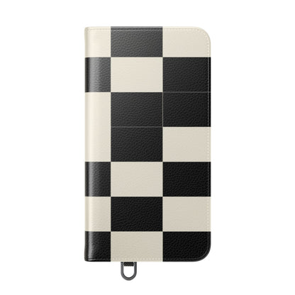 Checkered Flip Phone Case – Black & Cream Retro Grid Wallet Case