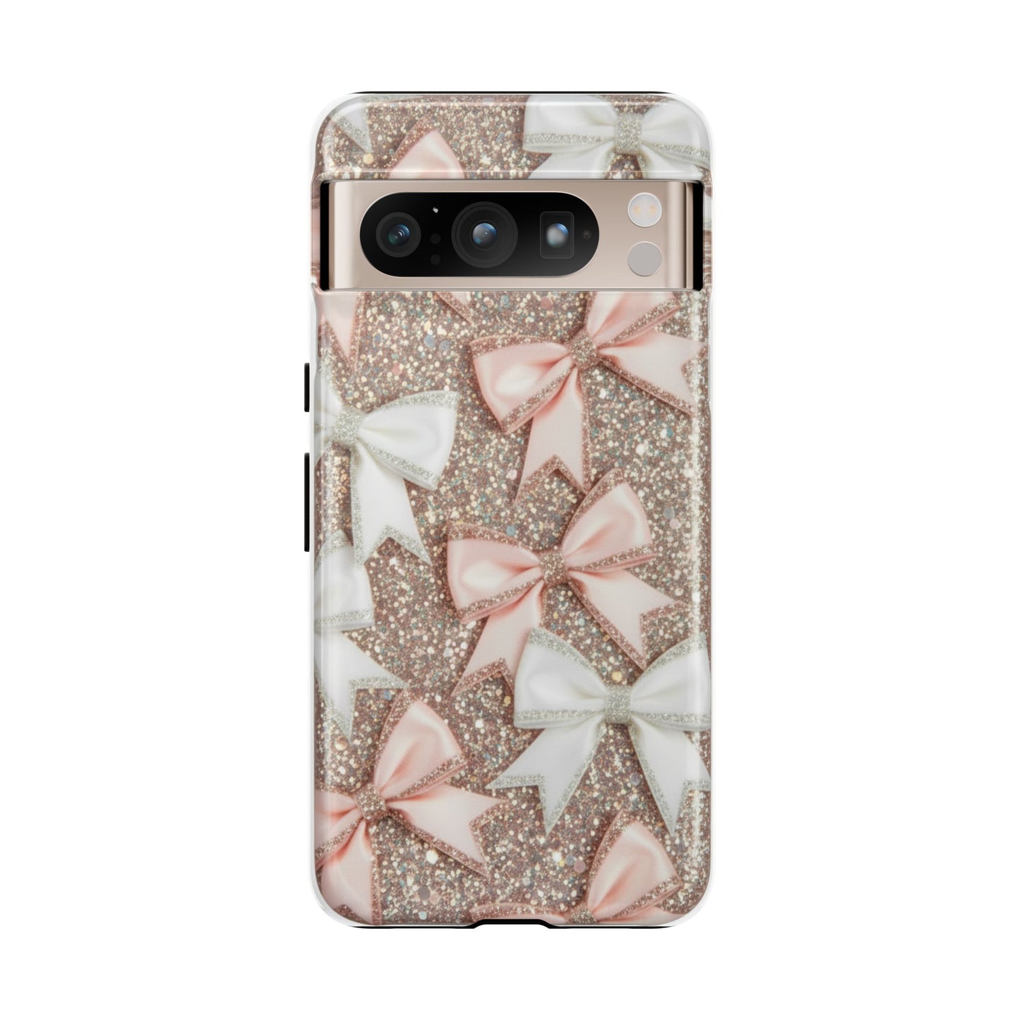 Glitter Bow Tough Phone Case — Pink & White Ribbon Protective Cover
