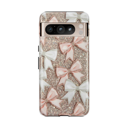 Glitter Bow Tough Phone Case — Pink & White Ribbon Protective Cover