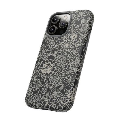 Floral Doodle Tough Phone Case — Black & White Sketch Flower Protective Cover