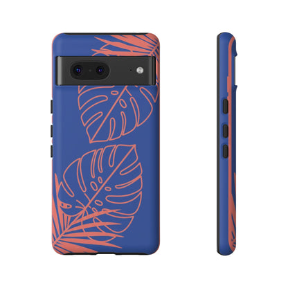 Tropical Monstera Phone Case — Blue & Coral Leaf Protective Cover