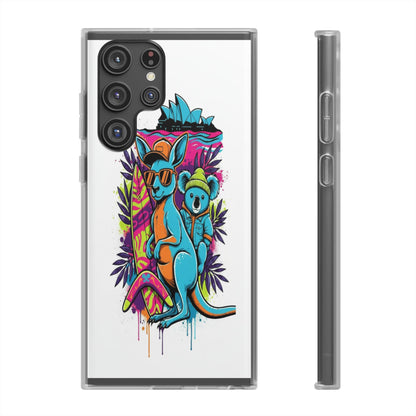 Kangaroo & Koala Surf Phone Case — Neon Aussie Beach Vibes Flexible Case