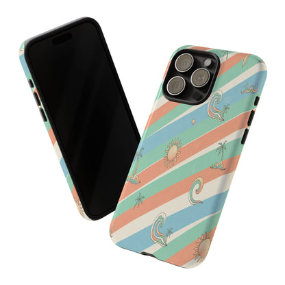 Retro Beach Stripes Phone Case — Sun, Waves & Palm Pattern Tough Case