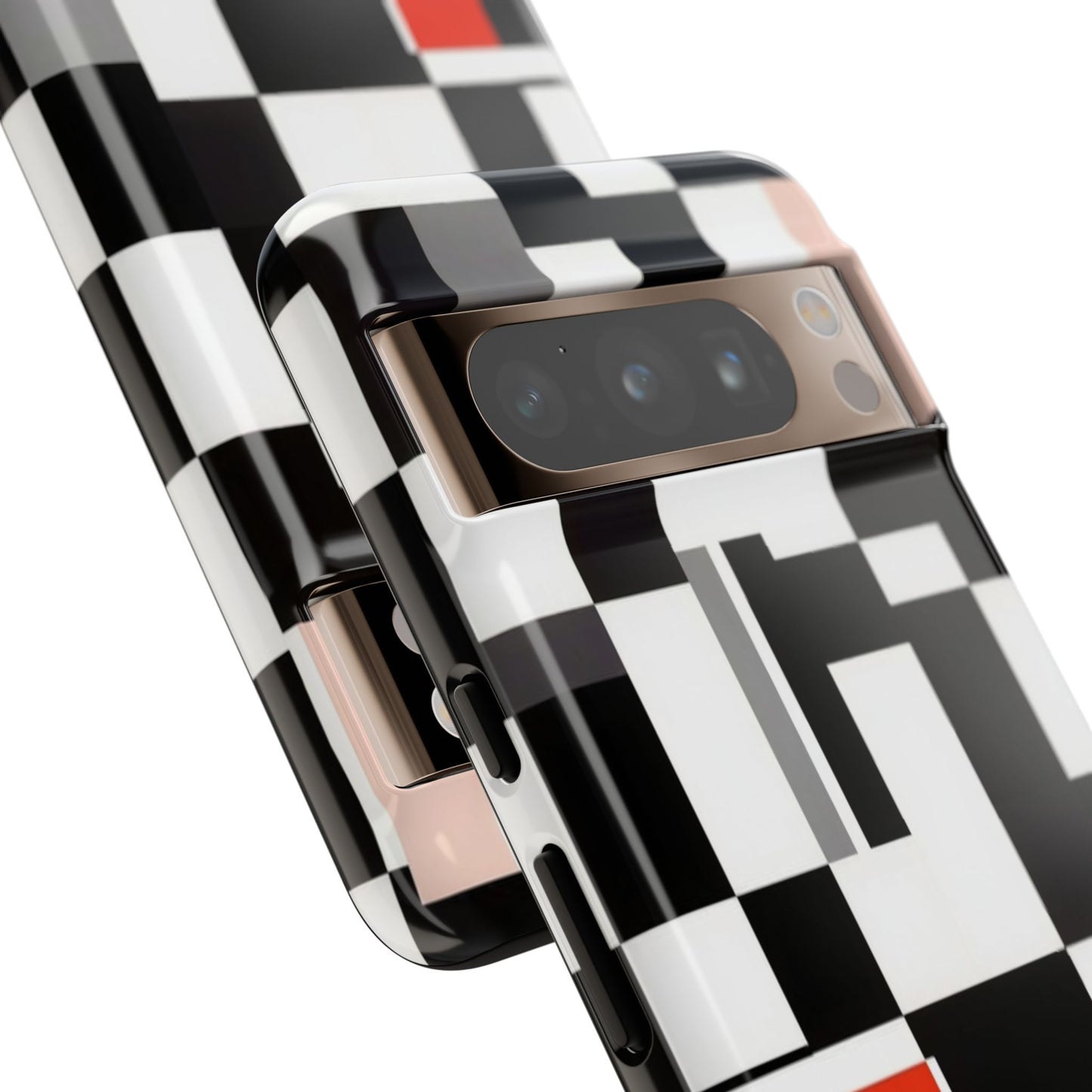Abstract Geometric Phone Case – Black & White Checker Grid with Red Accent